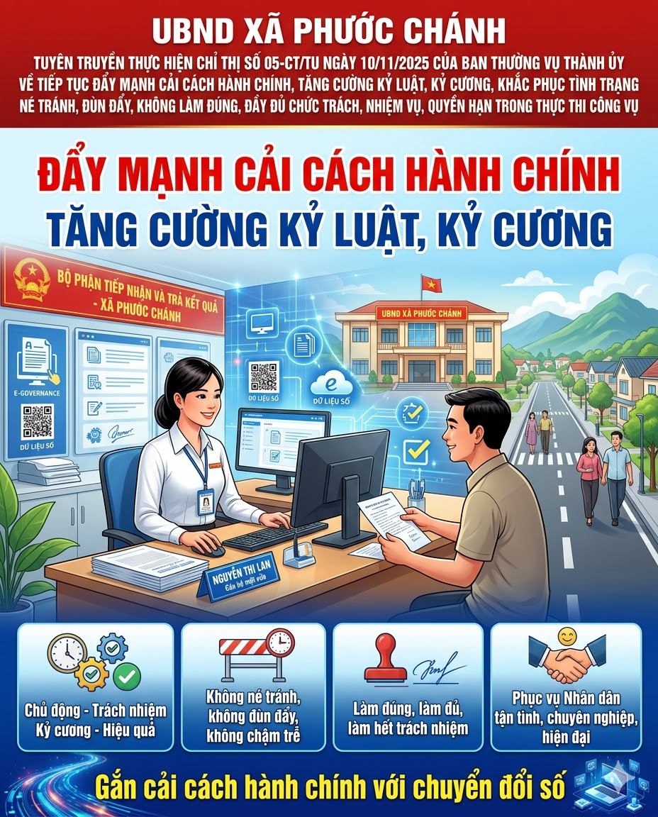 UBND xã Phước Chánh tuyên truyền thực hiện Chỉ thị số 05-CT/TU ngày 10/11/2025 của Ban Thường vụ Thành ủy về tiếp tục đẩy mạnh cải cách hành chính, tăng cường kỷ luật, kỷ cương, khắc phục tình trạng né tránh, đùn đẩy, không làm đúng, đầy đủ chức trách, nhiệm vụ, quyền hạn trong thực thi công vụ